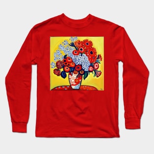 Cute Abstract Flowers in a Red and White Vase Still Life Painting Long Sleeve T-Shirt